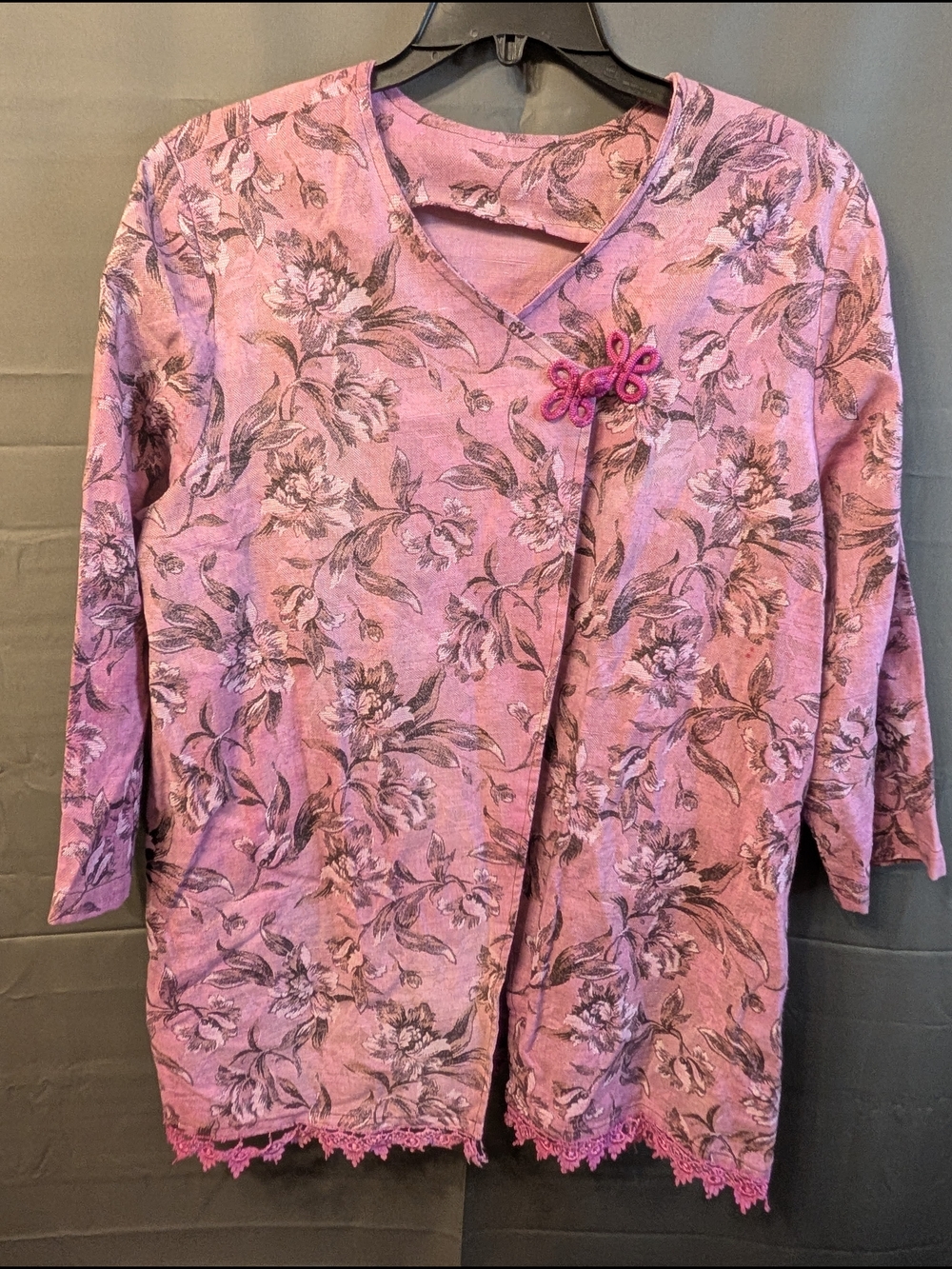 Artisan Pink Floral Wrap Tunic Top Mandarin Toggle Crochet Trim EUC 3X